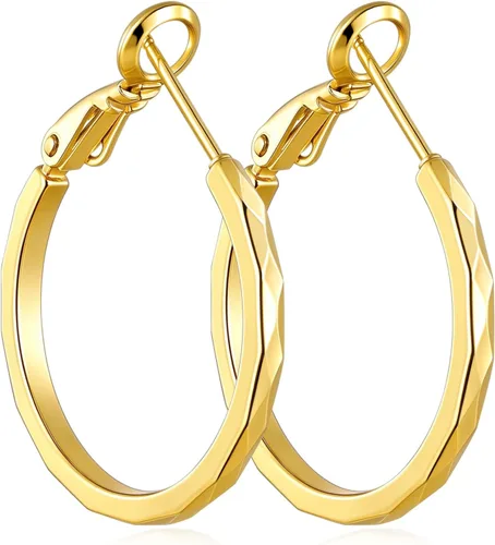 Vista 11 de Aretes de aro de corte de diamante para mujer, aro ligero y fino Dorado