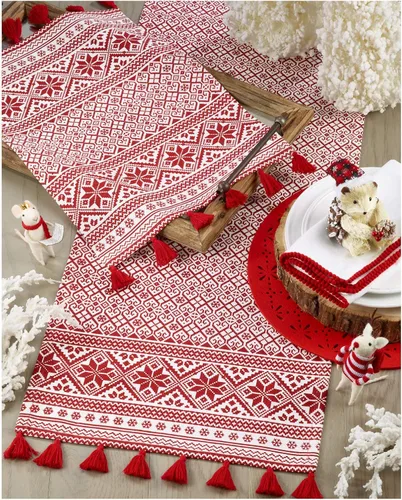 Vista 3 de Mantel individual rojo con patrón de Navidad, 14 x 20 pulgadas, rectangular, 100% algodón, (4 piezas).