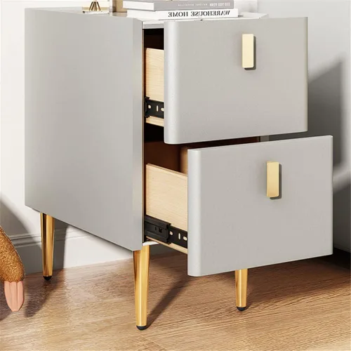Vista 3 de Mesita de noche moderna de madera maciza con almacenamiento de 2 cajones, parte superior de mármol, práctica mesa auxiliar auxiliar para dormitorio