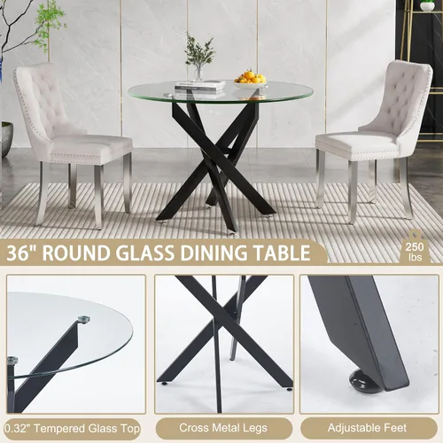Vista 4 de Mesa de comedor redonda, mesa de cocina de vidrio de 36 pulgadas para 4 personas, mesa de comedor de vidrio templado con patas de metal plateadas