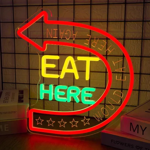 Vista 2 de Letrero de neón "Eat Here" Letrero de neón "Would Eat Here Again" Letreros de cocina Decoración de pared Letrero LED de comida para decoración