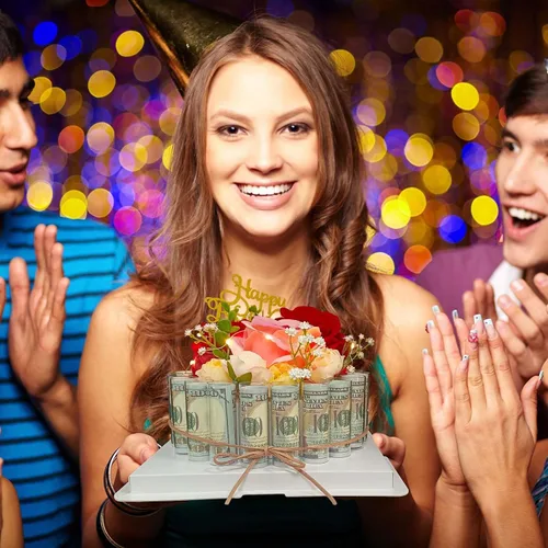 Vista 6 de Cajas de regalo en efectivo, caja de regalo de feliz cumpleaños, caja de regalo de dinero, pastel de flores falsas, caja de regalo de cumpleaños