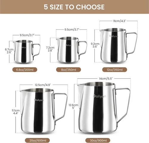 Vista 2 de Jarra para Espumar Leche, Dailyart 350ml/12oz Jarra para Espumar Leche de Acero Inoxidable 304 con Escala, Accesorios para Máquina de Espresso