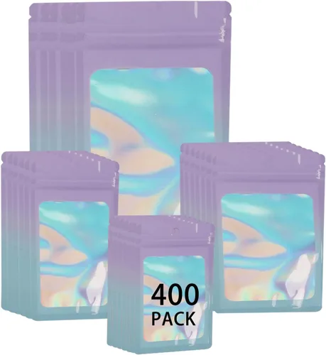 Vista 12 de Paquete de 400 bolsas holográficas de Mylar resellables de 4 tamaños, bolsas para almacenamiento de alimentos, a prueba de olores, con ventana