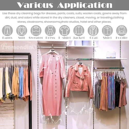 Vista 4 de Framendino, Paquete de 30 bolsas transparentes para ropa de limpieza en seco, fundas de plástico para colgar ropa, 3 tamaños 90/100/59.8 in