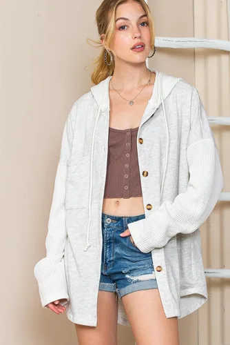 Vista 2 de SHEWIN - Sudadera de gran tamaño para mujer, de ajuste holgado, casual, manga larga, con botones, con capucha y bolsillos a gris