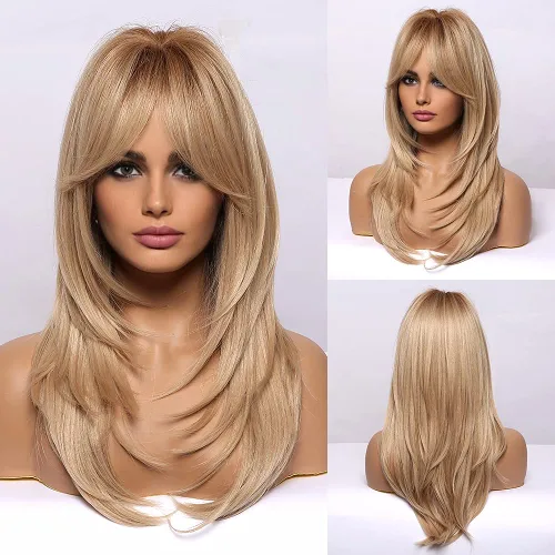 Vista 18 de HAIRCUBE Pelucas largas de color marrón oscuro con reflejos para mujer, peluca de pelo sintético rizado ondulado para uso diario
