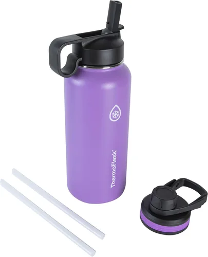Vista 16 de Thermoflask - Botella de agua de acero inoxidable con doble aislamiento y dos tapas, 18 onzas, negro