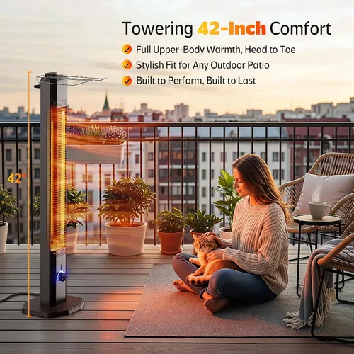 Vista 2 de Calentador eléctrico para patio al aire libre, calentador de torre infrarrojo de 42 pulgadas de 1500 W con 9 ajustes de calor y temporizador de 9