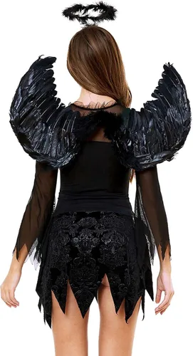 Vista 2 de Oplxuo Disfraces de Halloween para mujer, vestidos góticos sexis, Halloween, cosplay, vestido de ángel oscuro, vestidos de fantasma con diadema, alas