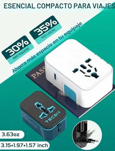 Vista 5 de Adaptador de Viaje Universal, Adaptador de Energía Internacional con 2 USB-C, 2 Puertos USB-A, Múltiples Salidas AC para UE, EE. UU., Reino Unido