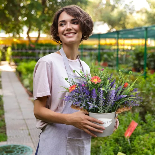 Vista 4 de Plantas Falsas Flores de Lavanda Morada Hierba Falsa con Maceta Decoraciones de Fiesta 10" de Alto Planta Artificial Estética para Hogar Oficina