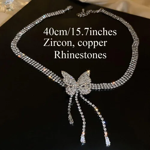 Vista 5 de Missgrace Gargantilla de mariposa con diamantes de imitación plateados, collares de cadena de plata con diamantes de imitación, collar de barra