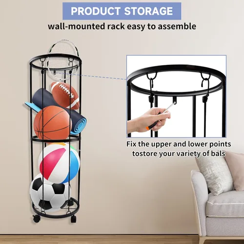 Vista 6 de Qivine Soportes de baloncesto de garaje para pelotas, organizador de equipo deportivo rodante con ruedas, 40 x 13.2 pulgadas, almacenamiento