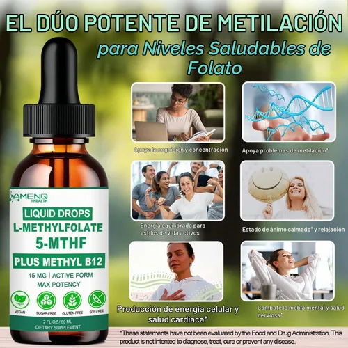 Vista 3 de Suplemento de metilfolato gotas líquidas, L Methy Folate 15mg Plus Methy B12, B6, B2 Multivitamínico, Metabólicamente Activo 5-MTHF