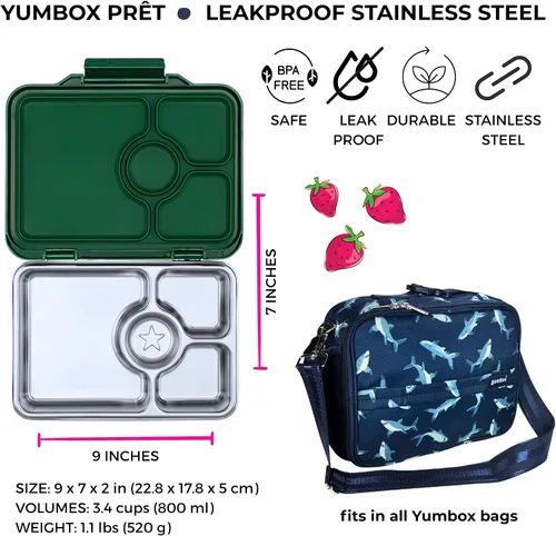 Vista 6 de Yumbox Prêt Bento Box de acero inoxidable con contenedor de almuerzo a prueba de fugas, bandeja apta para sándwich, lonchera para niños, adultos