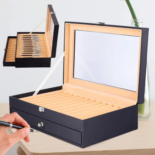 Vista 5 de Caja de exhibición de 24 plumas estilográficas, caja organizadora de bolígrafos de franela de cuero, caja de almacenamiento de cristal con tapa, 12
