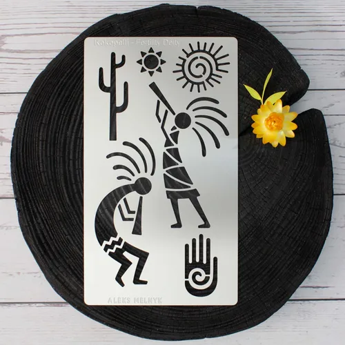 Vista 5 de Aleks Melnyk No.434 Plantilla de metal, deidad de fertilidad Kokopelli, diseños de petroglifos, plantilla pequeña, 1 unidad, plantilla para leña