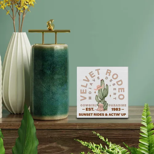 Vista 3 de Cartel de madera de cactus del oeste, decoración de escritorio, desierto, vaquera, cactus, caja de madera, letrero de bloque rústico para decoración