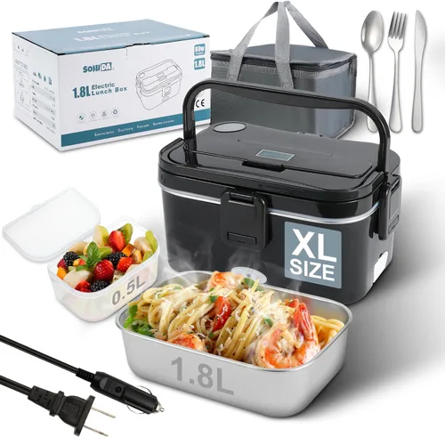Vista 13 de SOHIDA Fiambrera eléctrica, calentador de alimentos portátil de 12 V/24 V/110 V con tenedor SS y cuchara para coche/camión/oficina, lonchera Negro