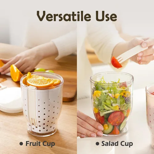 Vista 7 de Vasos de frutas de viaje de 25 onzas para automóvil, taza de almacenamiento de ensalada de frutas con tenedor y tapas, recipientes reutilizables a