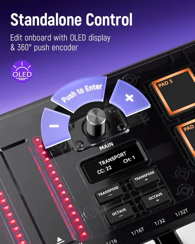 Vista 3 de Synido 25 Key USB MIDI Keyboard Controller with 8 Drum Pads, Professional Mini Midi Keyboard with OLED Screen, Beat Maker Machine for Music Negro