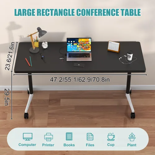 Vista 2 de Folding Conference Table with Wheels, 70.8" Flip-top Training Table, 4Pack Black 1