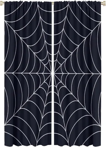 Vista 56 de Cortinas opacas de tela de araña aterradora para niños, tela de araña en blanco y negro, fondo rojo, dormitorio de niños, guardería, decoración