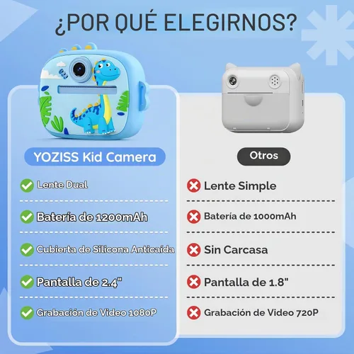 Vista 6 de Cámara de impresión instantánea para niños, cámara digital para niños con Dinosaurio azul