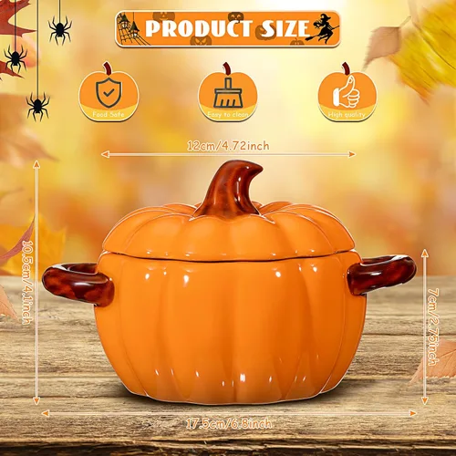 Vista 2 de Uiifan 2 cuencos de calabaza de cerámica para cocinar Acción de Gracias, cacerola de 17 onzas, plato de sopa naranja, lindo recipiente seguro