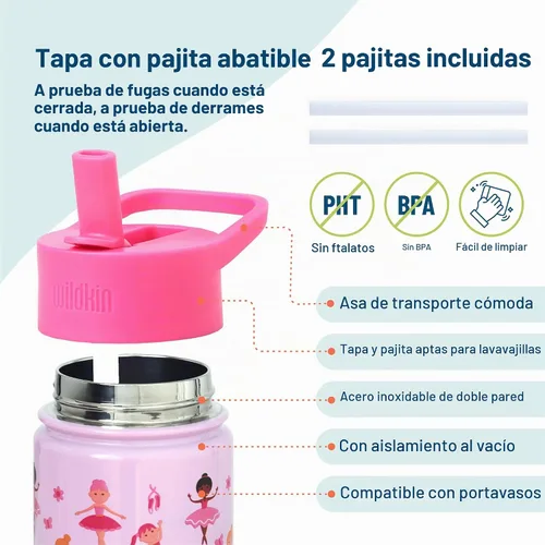 Vista 4 de Wildkin Kids - Botella de agua de acero inoxidable de 14 onzas para niños – Sin BPA, a prueba de fugas, aislada, fácil de limpiar - Ballerina