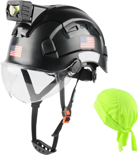 Vista 11 de GREEN DEVIL Casco de seguridad con luz recargable para faros delanteros y forro para casco, correa para barbilla, para hombre, ventilada