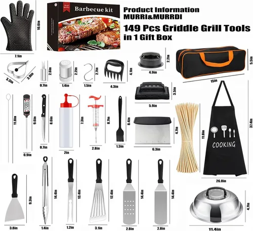 Vista 2 de MURRI&MURRDI Juego de 149 herramientas para parrilla de parrilla, kit de accesorios de parrilla de acero inoxidable para Blackstone y chef