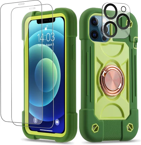 Vista 120 de Funda para iPhone 11 de 6.1 pulgadas con soporte de anillo, con 2 protectores de pantalla de vidrio, resistente a los golpes, resistente a