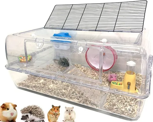 Vista 9 de Ratón de hámster acrílico transparente de 2 niveles de lujo, con rueda grande, botella de agua, torre, tazón de comida, esconder la casa, base