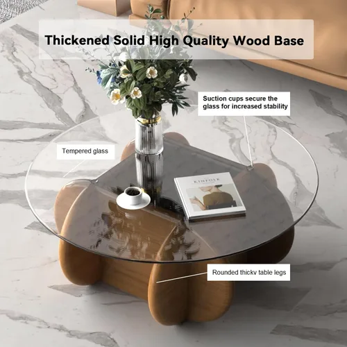 Vista 3 de Noguchi - Mesas de centro redondas transparentes de cristal con patas de madera maciza y mesa de vidrio templado para sala de estar, hogar, espacio