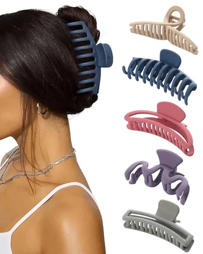 Vista 7 de 5 pinzas de pelo grandes para cabello grueso, pinzas de pelo grandes de plátano para mujeres, antideslizantes, de sujeción fuerte (negro mate)