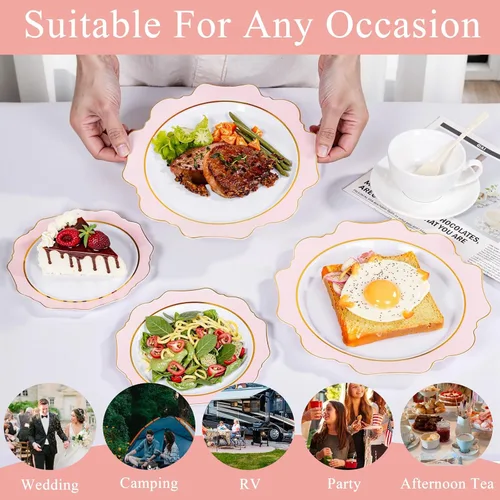 Vista 6 de 100 platos de plástico rosa - Platos desechables rosa y dorado resistentes - Incluye 50 platos para cena y 50 platos para pastel para el día de San