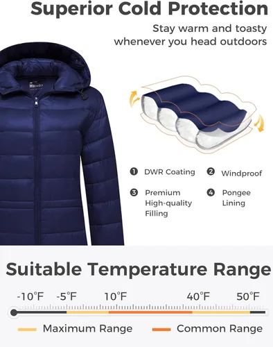 Vista 4 de wantdo Abrigo acolchado plegable con capucha para mujer, abrigos de invierno largos y ligeros
