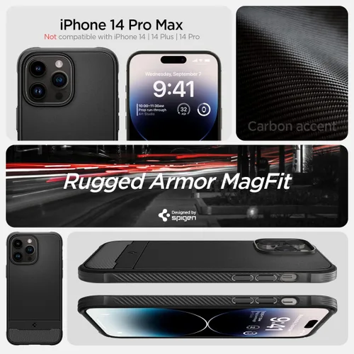 Vista 2 de Spigen Rugged Armor MagFit - Funda diseñada para iPhone 14 Pro Max (2022) [protección de grado militar] compatible con MagFit, color negro mate