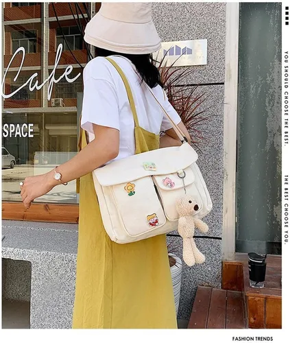 Vista 6 de Bolso cruzado de lona con pines Kawaii y colgante, multifunción, casual, lindo hombro mensajero bolsa de viaje para niñas adolescentes
