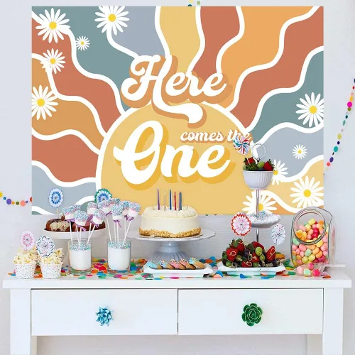 Vista 3 de Mocsicka Fondo de sol para primer cumpleaños con texto en inglés "Here Comes The One", retro, bohemio, decoración de fiesta de primer cumpleaños