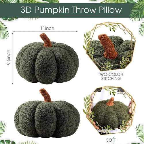 Vista 2 de Queekay - 2 almohadas de calabaza de 11 x 9.5 pulgadas, decoración de calabaza rellena 3D de otoño para el hogar, dormitorio, automóvil, sofá, cojín
