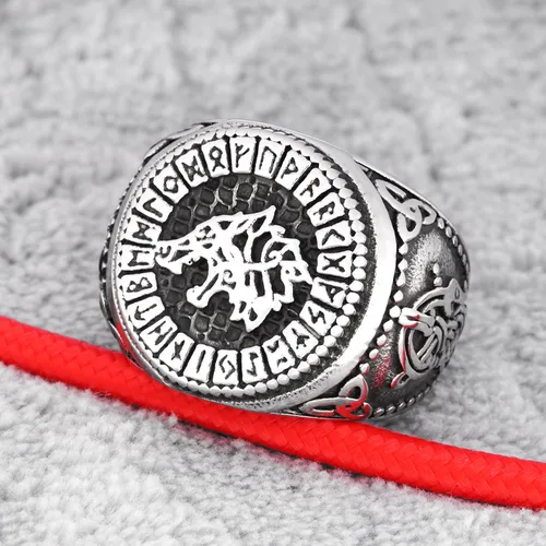 Vista 5 de Gungneer Anillo de lobo de Fenrir rúnico de acero inoxidable Odin nórdico runa círculo vikingo, joyería para hombres y mujeres, Metal, n