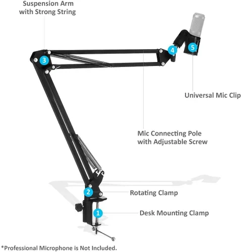 Vista 7 de StreamEye Soporte de micrófono con brazo de brazo con soporte de escritorio, clip desmontable, cable XLR de grado profesional, filtro pop