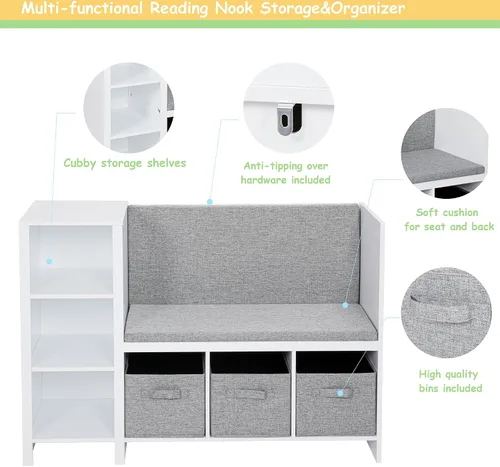 Vista 6 de UTEX Banco de lectura para niños con estantería, estantería para niños y organizador de almacenamiento con cojín de asiento, banco de lectura