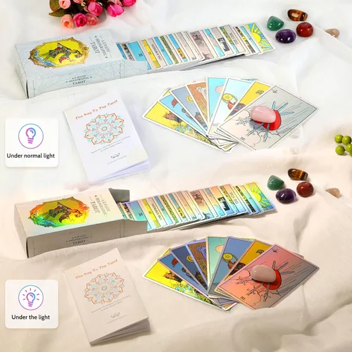 Vista 3 de Cartas de tarot holográficas, baraja de tarot de 78 cartas con guía