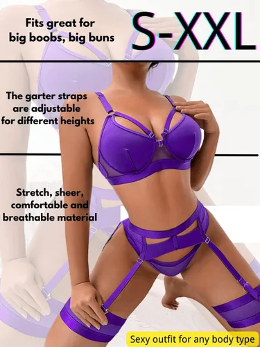 Vista 43 de Kaei&Shi - Lencería con liguero para mujer, conjunto de encaje traslúcido y sexy de 4 piezas combinadas