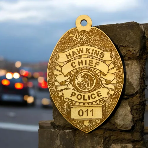 Vista 4 de Adorno - Jefe de Policía de Hawkins - Madera cruda de 3 x 4.5 pulgadas