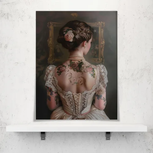 Vista 4 de Pintura retro de chica con estilo vintage en lienzo con estampado de rosas, póster estético antiguo, chica victoriana de estilo moody, arte de pared